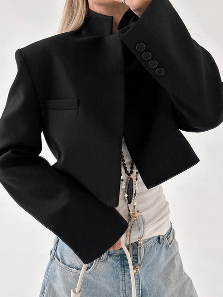 Women's Cotton Blend Solid Color Suit Collar Long Sleeve Casual Office Jacket for Fall Winter in Black