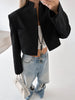 Women's Cotton Blend Solid Color Suit Collar Long Sleeve Casual Office Jacket for Fall Winter in Black