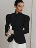 Women's Black Blazer, Stand Collar, Shaped Waist and Long Sleeves
