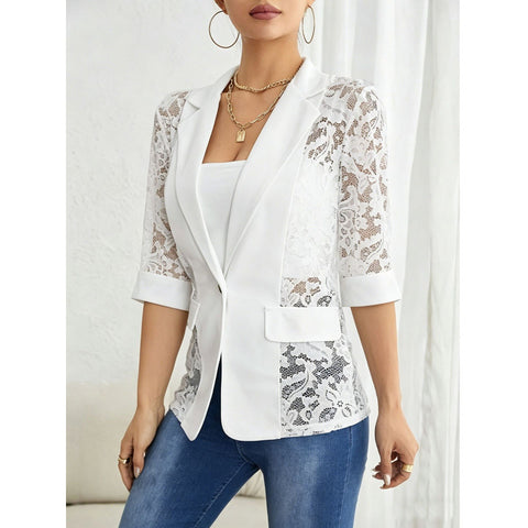 Women's Elegant Polyester Solid Color Suit Collar One Button Three-Quarter Sleeve Lace Blazer for Office Work in White Black