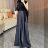 Women's Loose Fit Solid Color Polyester Casual Wide Leg Pants for Spring Summer in Black Grey