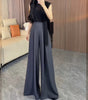 Women's Loose Fit Solid Color Polyester Casual Wide Leg Pants for Spring Summer in Black Grey