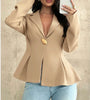 Women's Polyester Solid Color Collar Long Sleeve One Button Waist-Cinching Cardigan for Office in Black Brown
