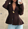 Women's Polyester Solid Color Collar Long Sleeve One Button Waist-Cinching Cardigan for Office in Black Brown