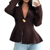 Women's Polyester Solid Color Collar Long Sleeve One Button Waist-Cinching Cardigan for Office in Black Brown
