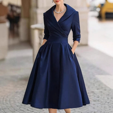 Women's Fit-and-Flare Dress, Foldover Collar, Long Sleeves and Full Skirt