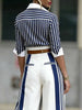 Women's Routine Fit Polyester Striped Polo Collar Long Sleeve Pullover Cardigan Style Blazer with Contrast Color for Spring Commute in Blue