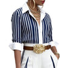 Women's Routine Fit Polyester Striped Polo Collar Long Sleeve Pullover Cardigan Style Blazer with Contrast Color for Spring Commute in Blue