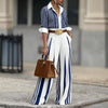 Women's Routine Fit Polyester Striped Polo Collar Long Sleeve Pullover Cardigan Style Blazer with Contrast Color for Spring Commute in Blue