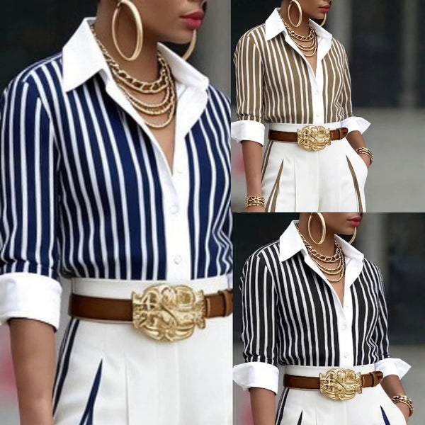 Women's Routine Fit Polyester Striped Polo Collar Long Sleeve Pullover Cardigan Style Blazer with Contrast Color for Spring Commute in Blue