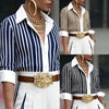 Women's Routine Fit Polyester Striped Polo Collar Long Sleeve Pullover Cardigan Style Blazer with Contrast Color for Spring Commute in Blue