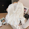 Women's Fake Two Piece Chiffon Solid Color Polo Collar Long Sleeve Suit Set for Summer in White