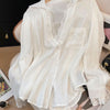 Women's Fake Two Piece Chiffon Solid Color Polo Collar Long Sleeve Suit Set for Summer in White