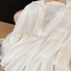 Women's Fake Two Piece Chiffon Solid Color Polo Collar Long Sleeve Suit Set for Summer in White