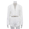Women's Long Sleeve Polyester Blend Suit Set with Buttons and Notched Lapel Top and High Waist Shorts for Spring Office in White