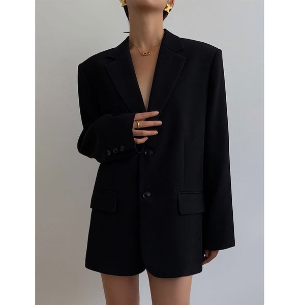 Women's Loose Fit Polyester Solid Color Suit Collar Long Sleeve Single Breasted Two Button Casual Office Blazer Jacket for Spring
