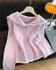 Women's Routine Fit Spring Cotton Cashmere Solid Color Navy Collar Cardigan with Lapel Long Sleeves and Single Row Multiple Buttons in Gray