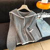 Women's Routine Fit Spring Cotton Cashmere Solid Color Navy Collar Cardigan with Lapel Long Sleeves and Single Row Multiple Buttons in Gray