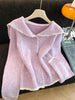 Women's Routine Fit Spring Cotton Cashmere Solid Color Navy Collar Cardigan with Lapel Long Sleeves and Single Row Multiple Buttons in Gray