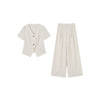 Women's Korean Style Linen Suit Set with Pleats and Three-Quarter Sleeves for Summer in White