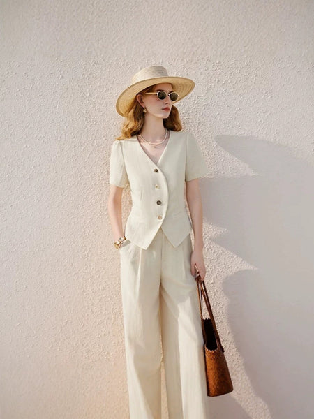 Women's Korean Style Linen Suit Set with Pleats and Three-Quarter Sleeves for Summer in White