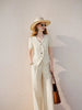 Women's Korean Style Linen Suit Set with Pleats and Three-Quarter Sleeves for Summer in White