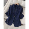 Women's Routine Fit Solid Color Lace Jacket with Suit Collar Three-Quarter Sleeves One Button Closure Elegant Style for Summer in White Black