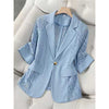 Women's Routine Fit Solid Color Lace Jacket with Suit Collar Three-Quarter Sleeves One Button Closure Elegant Style for Summer in White Black