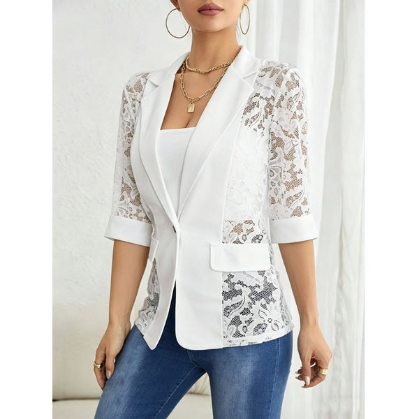 Women's Routine Fit Solid Color Lace Jacket with Suit Collar Three-Quarter Sleeves One Button Closure Elegant Style for Summer in White Black