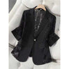 Women's Routine Fit Solid Color Lace Jacket with Suit Collar Three-Quarter Sleeves One Button Closure Elegant Style for Summer in White Black