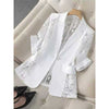 Women's Routine Fit Solid Color Lace Jacket with Suit Collar Three-Quarter Sleeves One Button Closure Elegant Style for Summer in White Black
