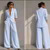 Women's Loose Fit Minimalist Polyester Pure Color Suit Collar Long Sleeve Casual Wide Leg Pants for Autumn in White Pink