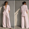Women's Loose Fit Minimalist Polyester Pure Color Suit Collar Long Sleeve Casual Wide Leg Pants for Autumn in White Pink