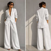 Women's Loose Fit Minimalist Polyester Pure Color Suit Collar Long Sleeve Casual Wide Leg Pants for Autumn in White Pink