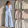 Women's Loose Fit Minimalist Polyester Pure Color Suit Collar Long Sleeve Casual Wide Leg Pants for Autumn in White Pink