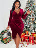 Women's Velvet-Style Dress, V-Neck, Long Sleeves, Ruched Waist and Front Slit