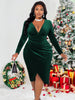 Women's Velvet-Style Dress, V-Neck, Long Sleeves, Ruched Waist and Front Slit