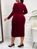 Women's Velvet-Style Dress, V-Neck, Long Sleeves, Ruched Waist and Front Slit