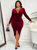 Women's Velvet-Style Dress, V-Neck, Long Sleeves, Ruched Waist and Front Slit