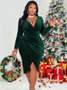 Women's Velvet-Style Dress, V-Neck, Long Sleeves, Ruched Waist and Front Slit