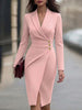 Women's Slim Fit Autumn Polyester Solid Color Suit Collar Long Sleeve Three Single-Breasted Buttons V Style Dress in White Khaki Pink Black