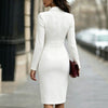 Women's Slim Fit Autumn Polyester Solid Color Suit Collar Long Sleeve Three Single-Breasted Buttons V Style Dress in White Khaki Pink Black