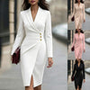 Women's Slim Fit Autumn Polyester Solid Color Suit Collar Long Sleeve Three Single-Breasted Buttons V Style Dress in White Khaki Pink Black