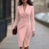 Women's Slim Fit Autumn Polyester Solid Color Suit Collar Long Sleeve Three Single-Breasted Buttons V Style Dress in White Khaki Pink Black