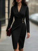 Women's Slim Fit Autumn Polyester Solid Color Suit Collar Long Sleeve Three Single-Breasted Buttons V Style Dress in White Khaki Pink Black