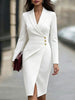 Women's Slim Fit Autumn Polyester Solid Color Suit Collar Long Sleeve Three Single-Breasted Buttons V Style Dress in White Khaki Pink Black