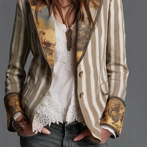 Women's Slim Fit Polyester Striped Suit Collar Long Sleeve Contrast Color Elegant Blazer Jacket for Summer in Boho Style