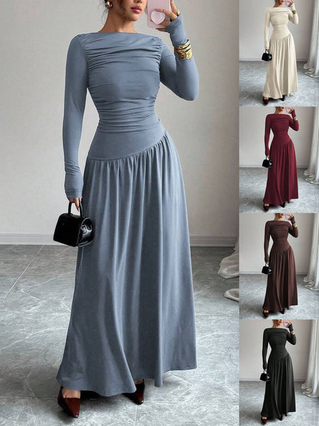 Women's Long Dress, Wide Neckline, Long Sleeves and Ruched Bodice