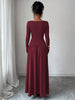Women's Long Dress, Wide Neckline, Long Sleeves and Ruched Bodice