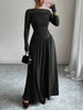 Women's Long Dress, Wide Neckline, Long Sleeves and Ruched Bodice